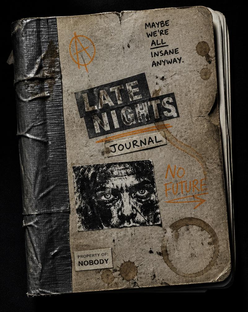 A taped-up, coffee-stained journal cover